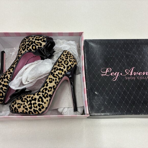 Leg Avenue Black Gold Leopard Peeptoe Heels Pumps Bows Shoes - Picture 4 of 6